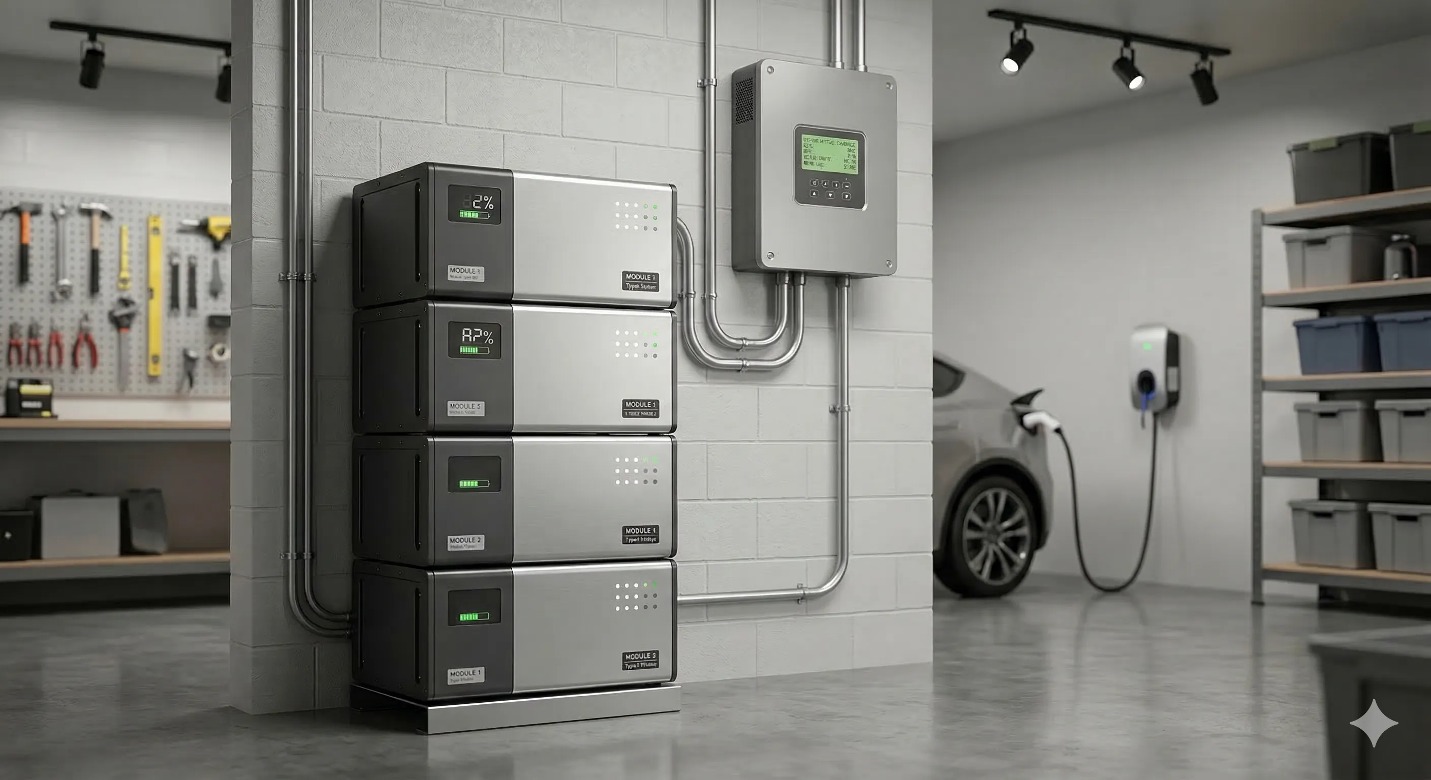 Sleek home battery storage system wall-mounted in utility room