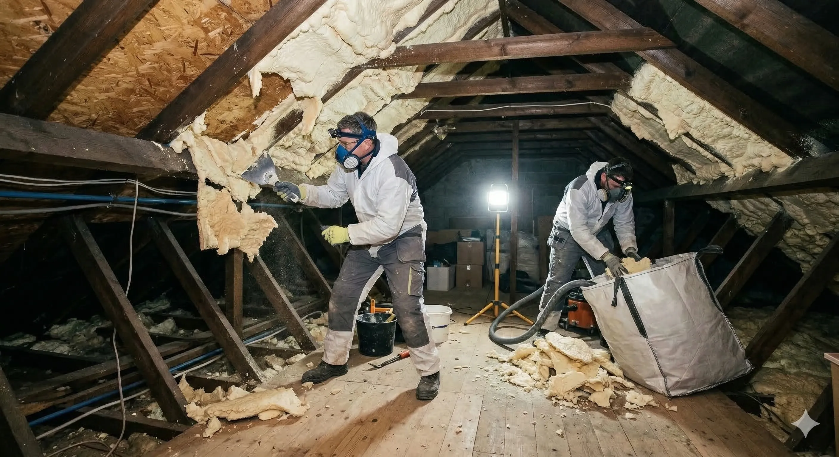 Insulation Removal stage: stripping old insulation and failed materials back to bare structure