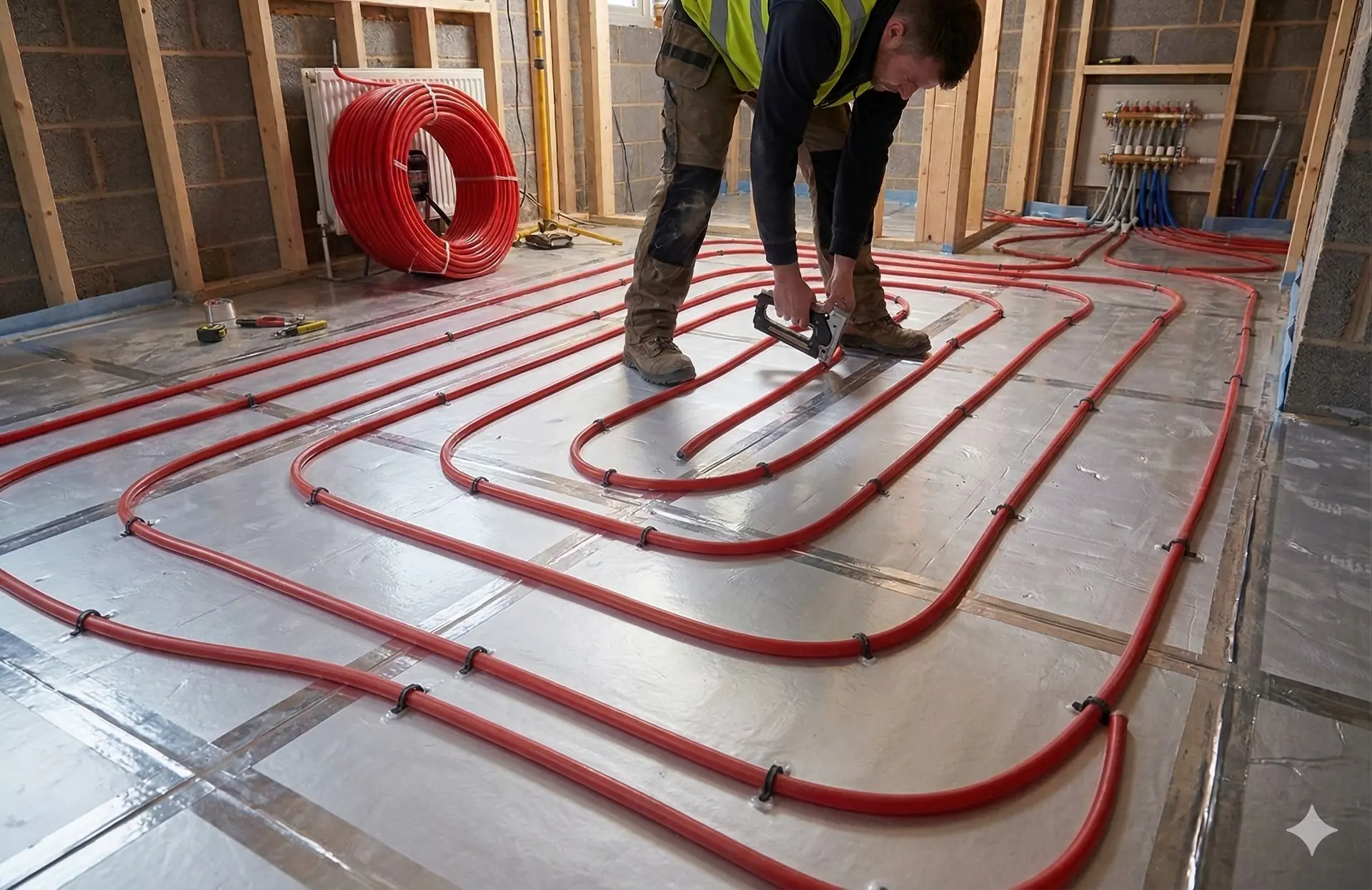Underfloor heating system installation with pipe layout in a UK residential property